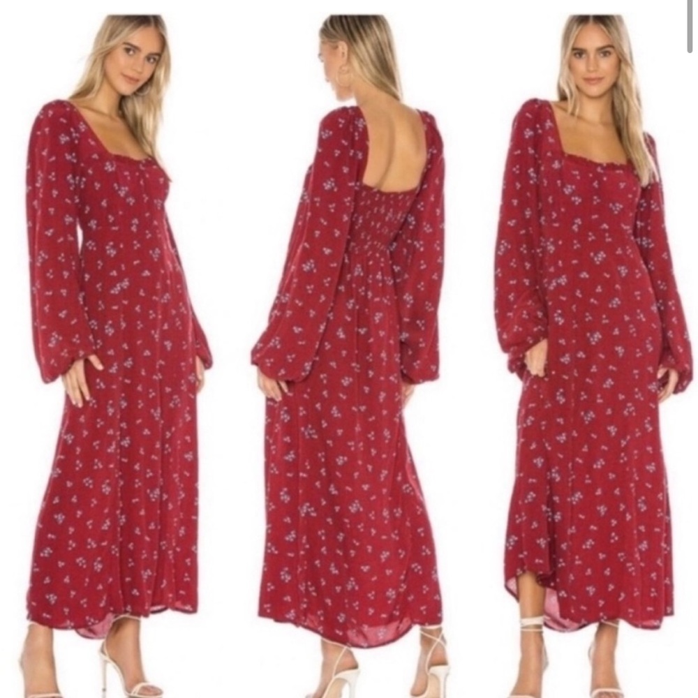 Free People Iris Floral Long Sleeve Midi Dress In Wine Bright Combo Large NWT
